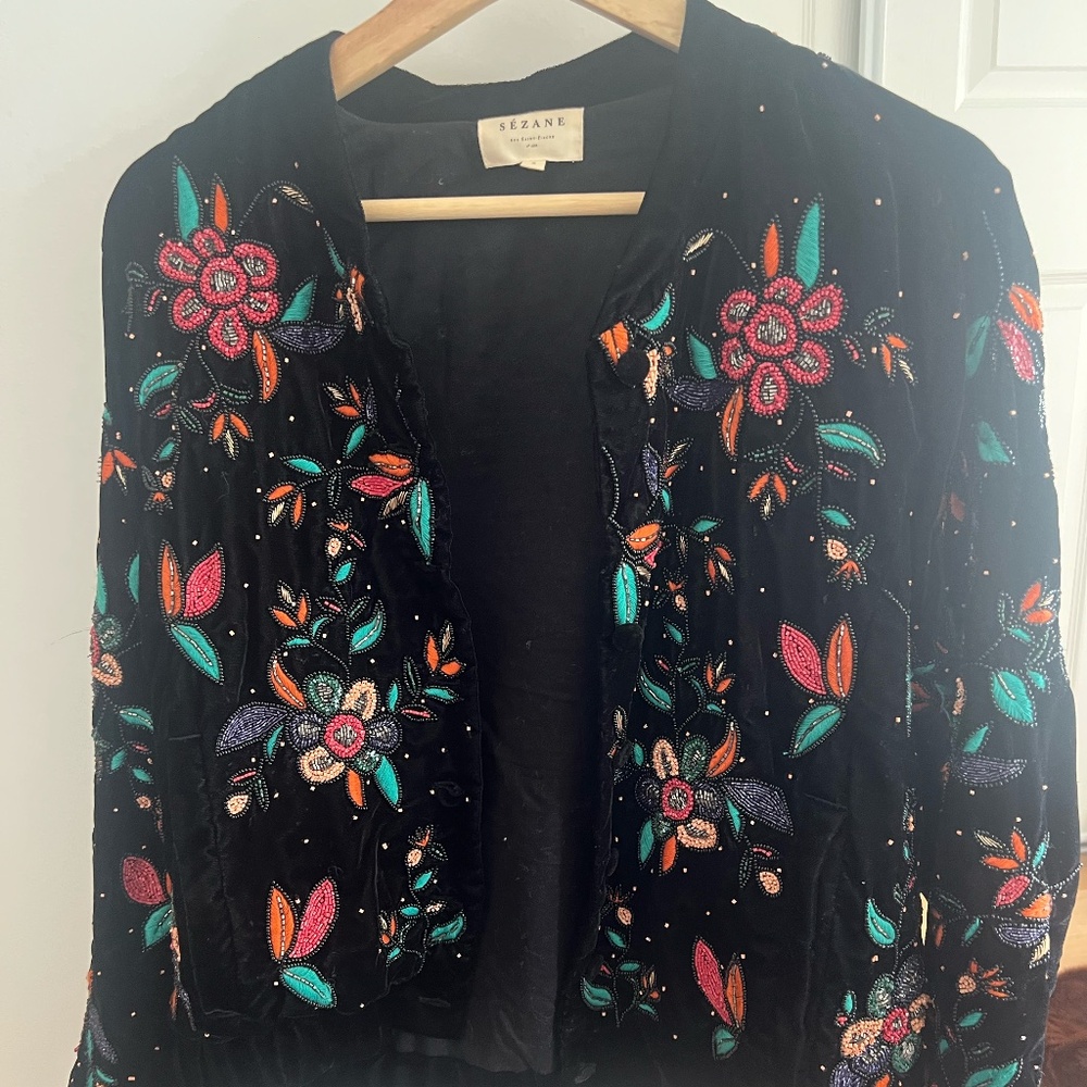 Sezane Embroidered Velvet Bomber Jacket